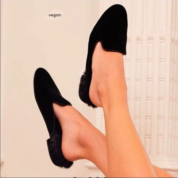 Birdies Phoebe Black Velvet Faux Fur Lined Mule Slippers Sz 6.5 - Picture 1 of 10